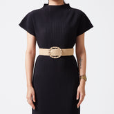 Beige elastic rattan belt with chain trim buckle